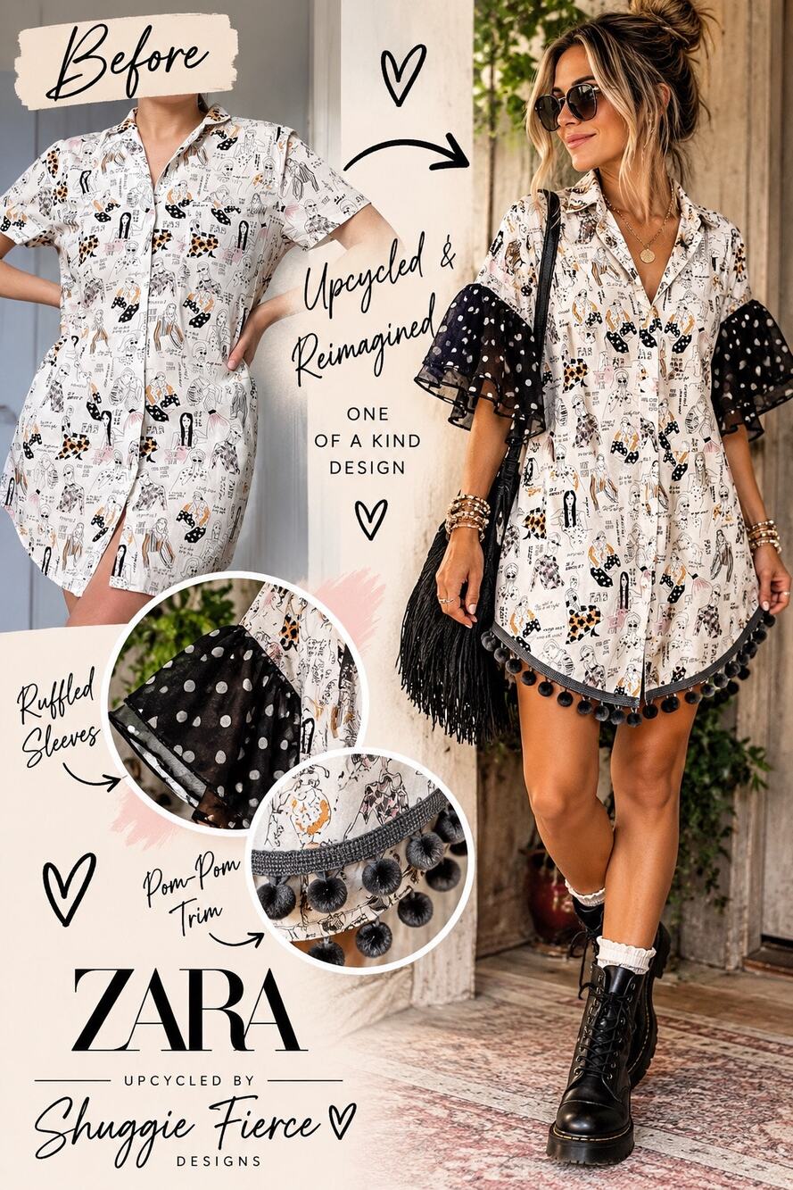 MSRP: $69.90✨Zara Upcycled OOAK Illustrated Shirt Mini Dress – Size S ✨QUICKSHIP